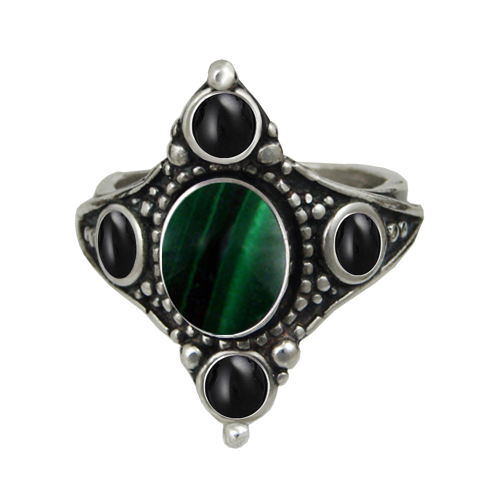 Sterling Silver Renaissance Queen's Ring With Malachite And Black Onyx Size 10